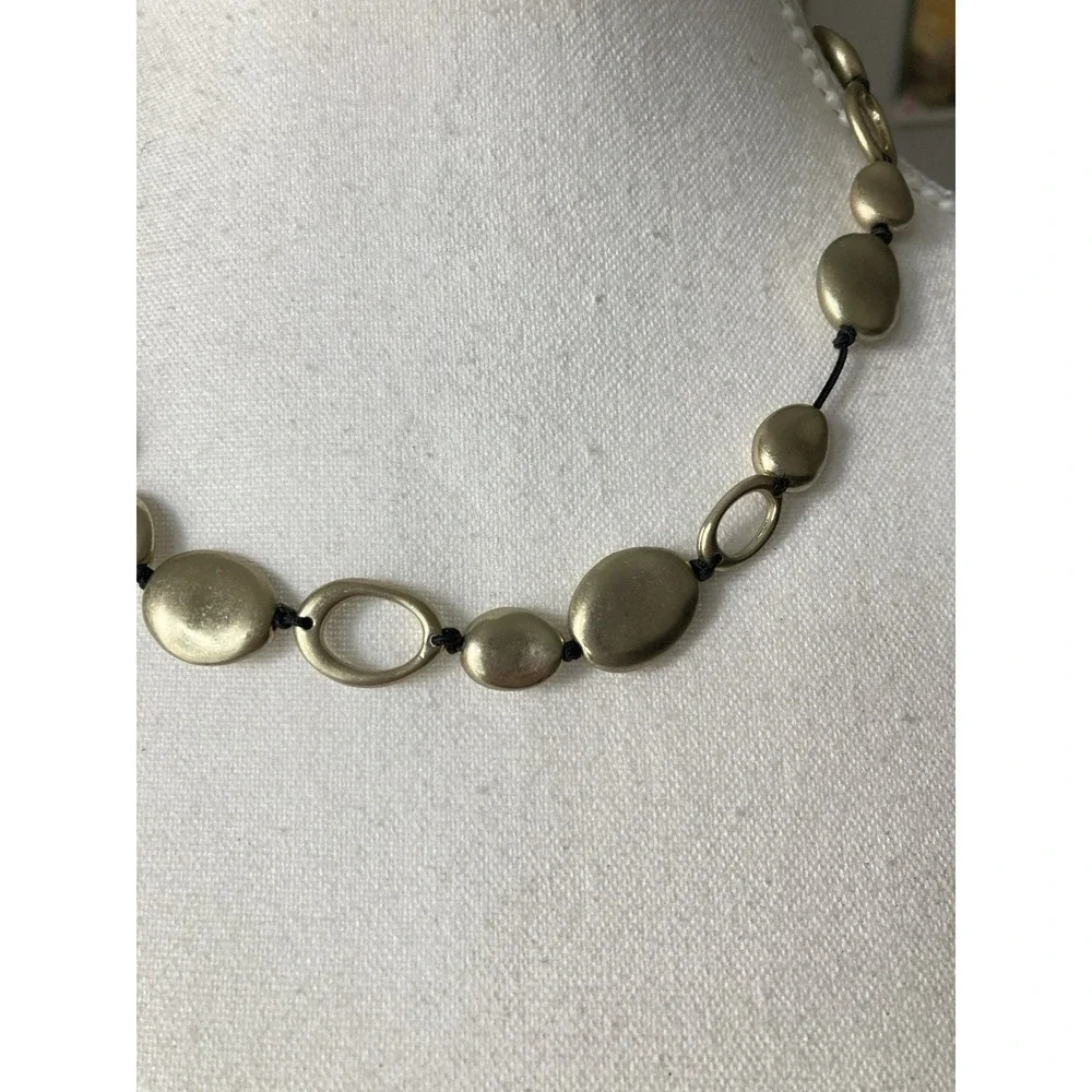 Matte Gold Tone Disc Necklace Black Cord‎ Oval Beads Tarnished Look Minimalist